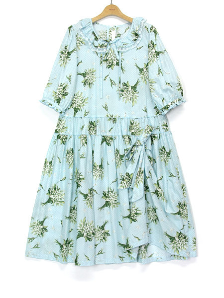 春バーゲン 特別送料無料 鈴蘭水玉プリントワンピース 国産