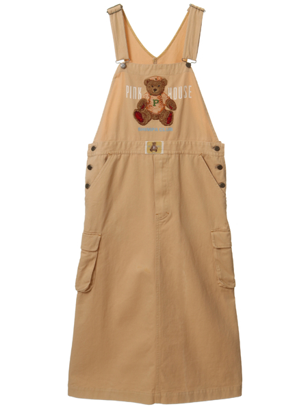 【USED】クマ刺繍サロペットスカート　淡オレンジ　肩紐調整可能