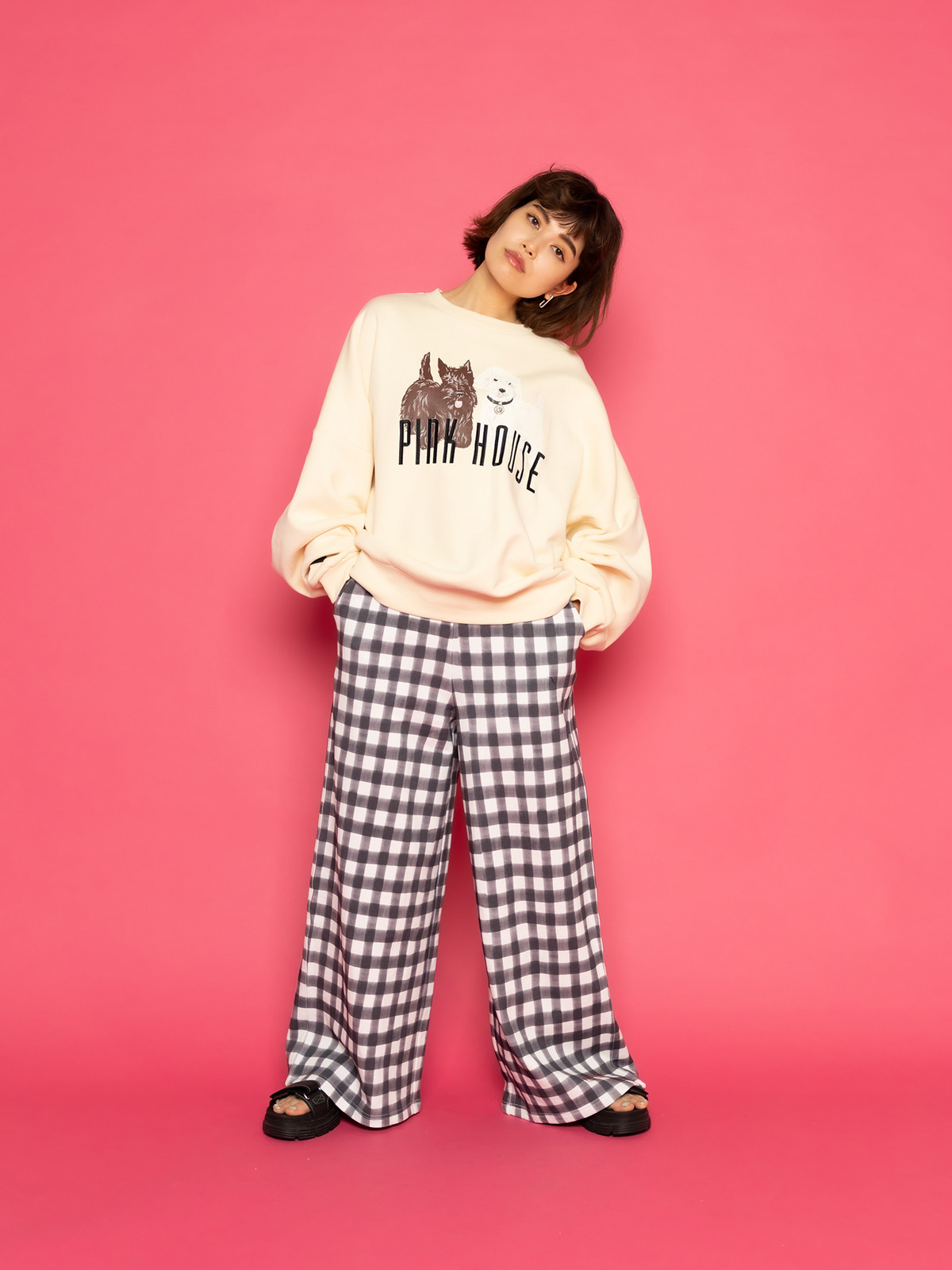little sunny bite×PINK HOUSE hand drawing checker pants｜ピンク