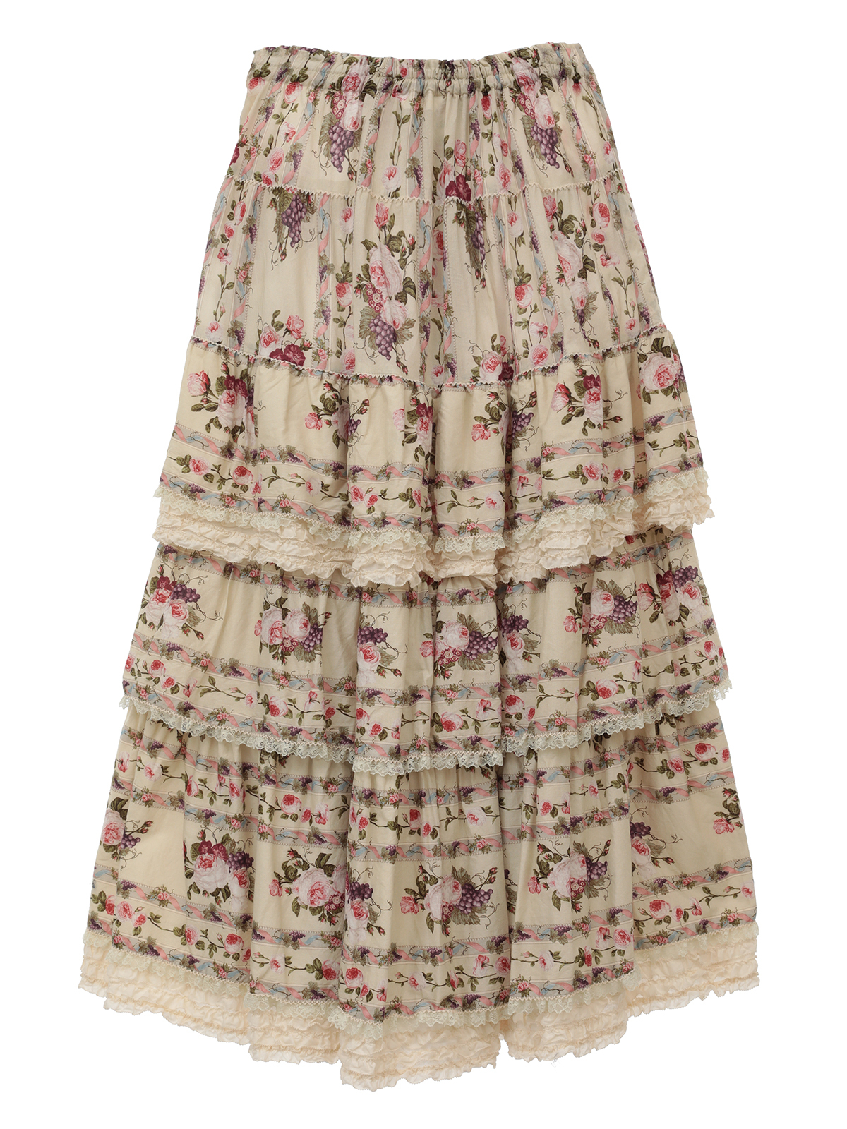 ピンクハウス　華やかなバラ柄　綿ローンティアードスカート