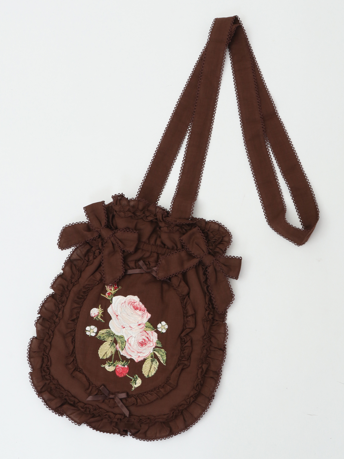 Berry Rose刺繍アップリケ付きフリルポシェット