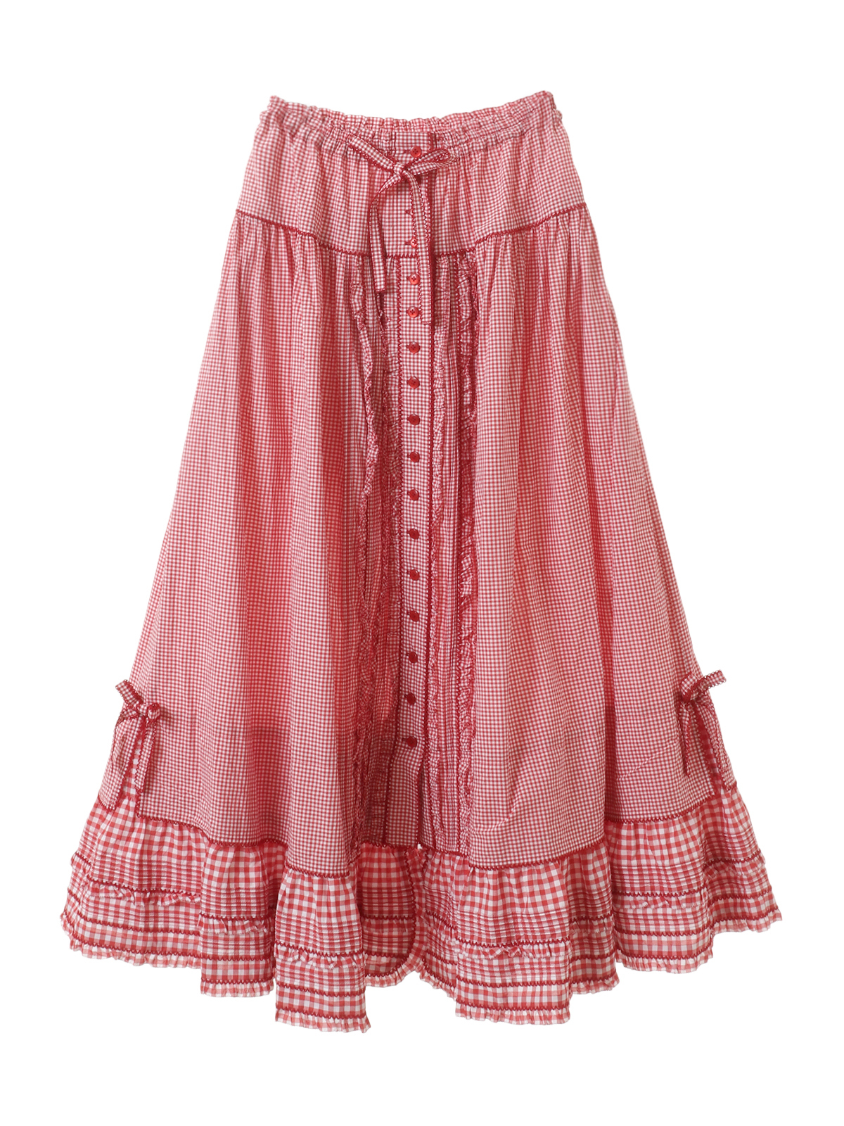 ピンクハウス　ギンガムチェックロングスカート赤裾幅も広く大きく広がります