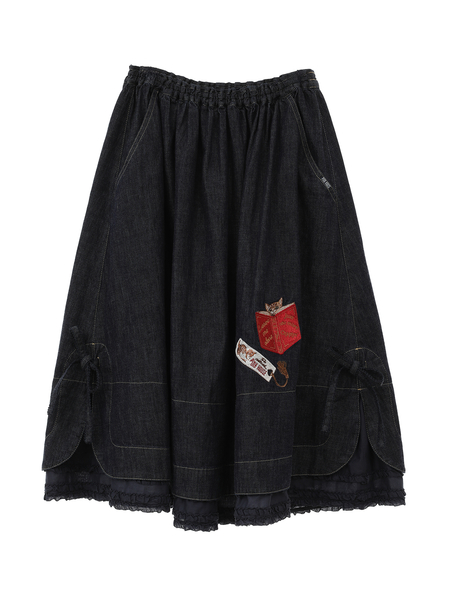 ピンクハウス 黒 ネコちゃん刺繍使い エプロン+スカートsetロングスカート