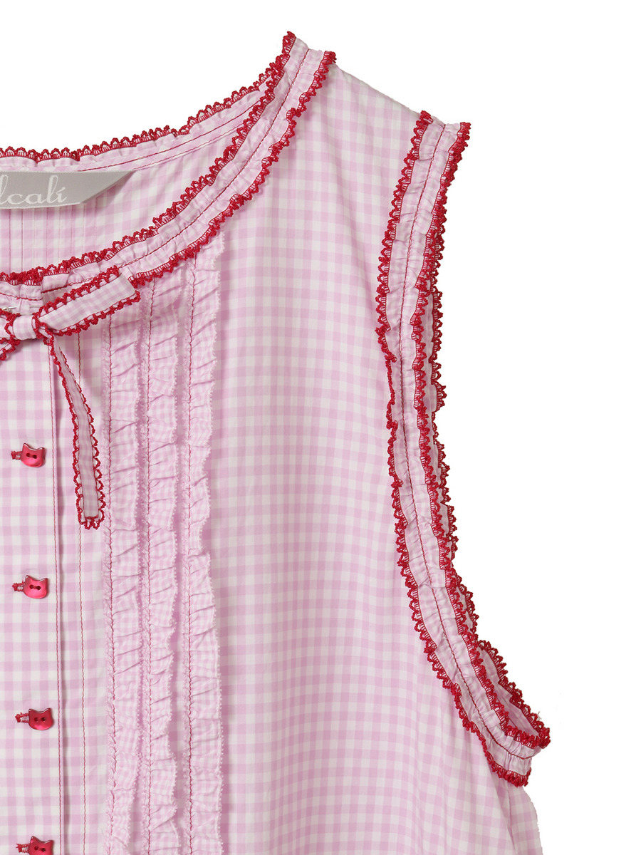 【alcali×猫梓子 (ネココ)】コラボ ギンガムノースリーブワンピース 詳細画像 ピンク 4