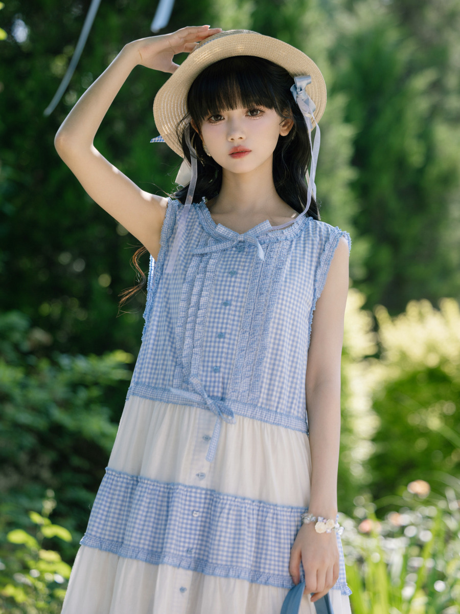 【alcali×猫梓子 (ネココ)】コラボ ギンガムノースリーブワンピース 詳細画像 サックスブルー 1