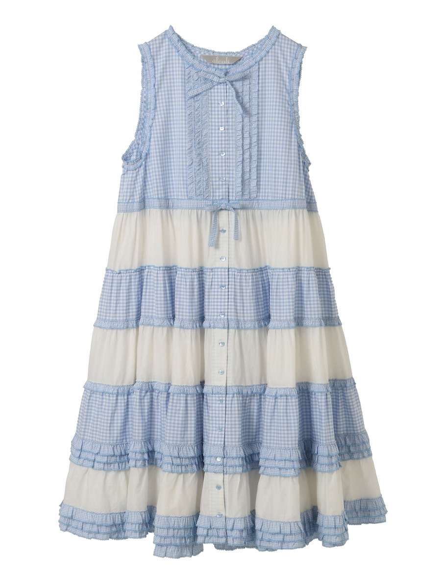 【alcali×猫梓子 (ネココ)】コラボ ギンガムノースリーブワンピース 詳細画像 サックスブルー 3
