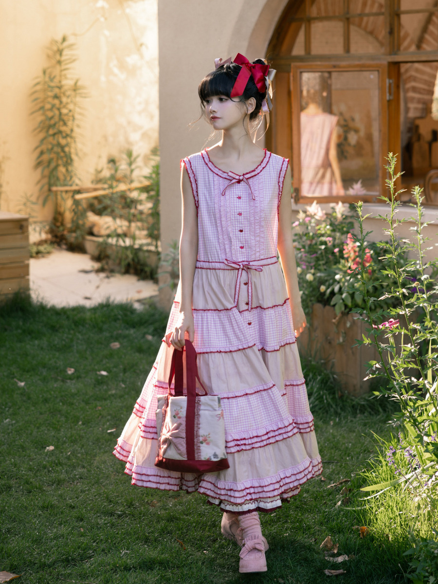 【alcali×猫梓子 (ネココ)】コラボ ギンガムノースリーブワンピース 詳細画像 ピンク 1