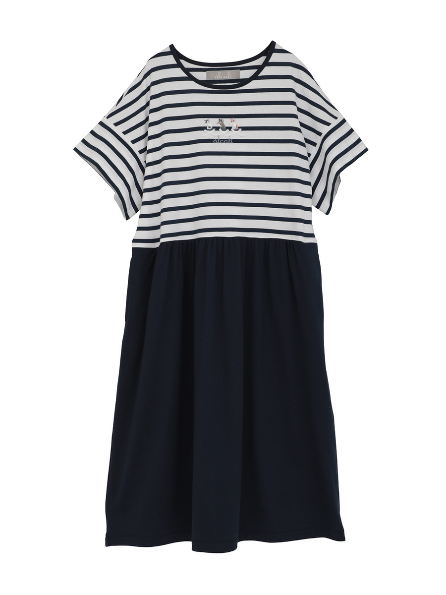 「alcali x のこねこ」コラボプリントワンピースA 詳細画像 ホワイト×ネイビー 3