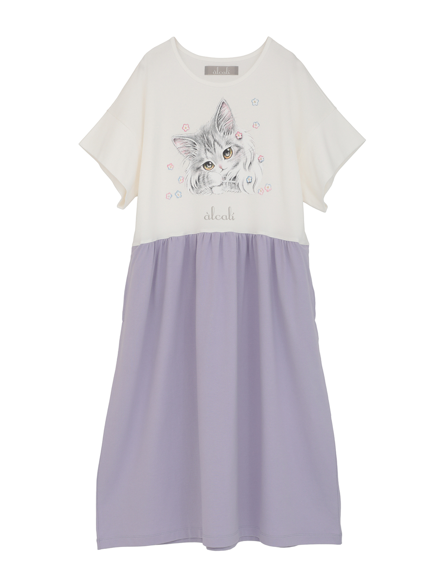 「alcali x のこねこ」コラボプリントワンピースB 詳細画像 ホワイト×パープル 1