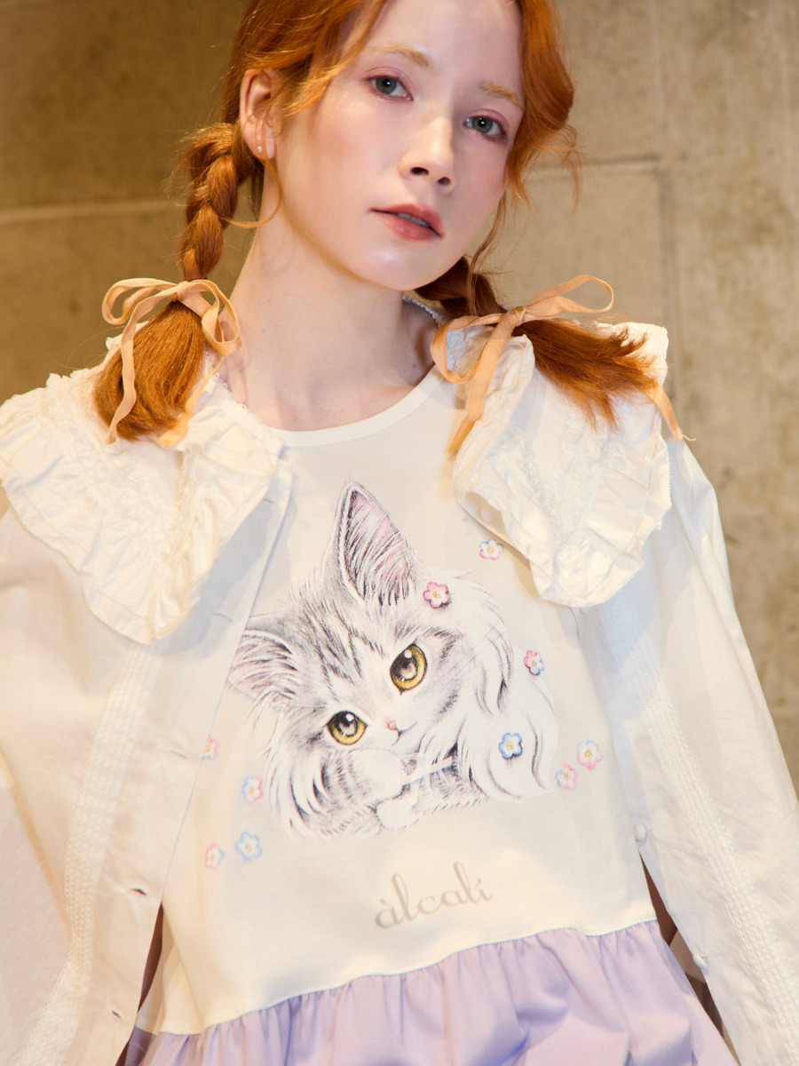 「alcali x のこねこ」コラボプリントワンピースB 詳細画像 ホワイト×パープル 3