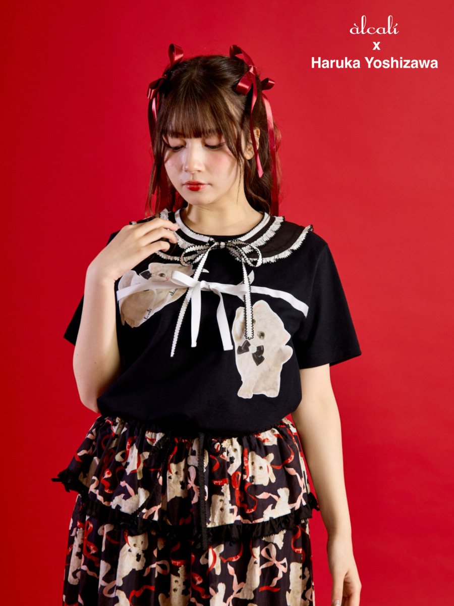 【alcali x Haruka Yoshizawa】マンチカンリボンTシャツ 詳細画像 ブラック 2