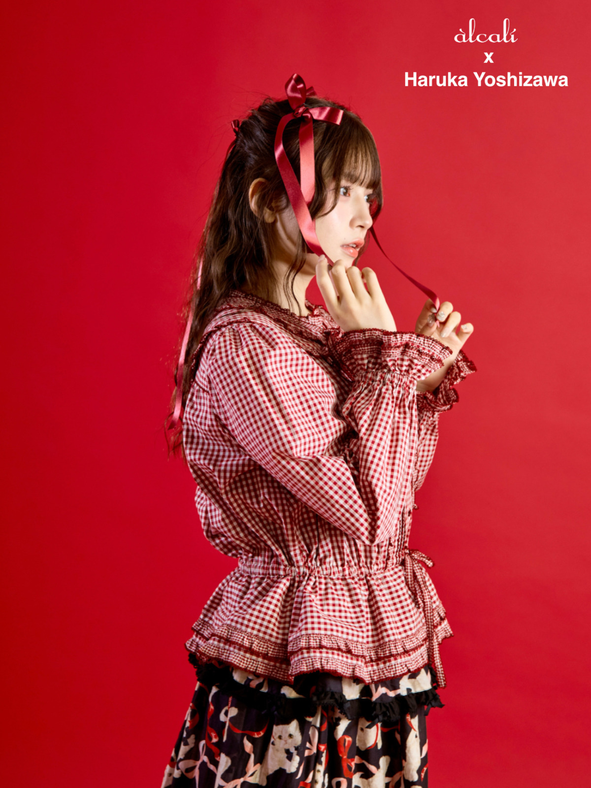 alcali x Haruka Yoshizawa】猫耳付け襟チェックブラウス｜ピンク