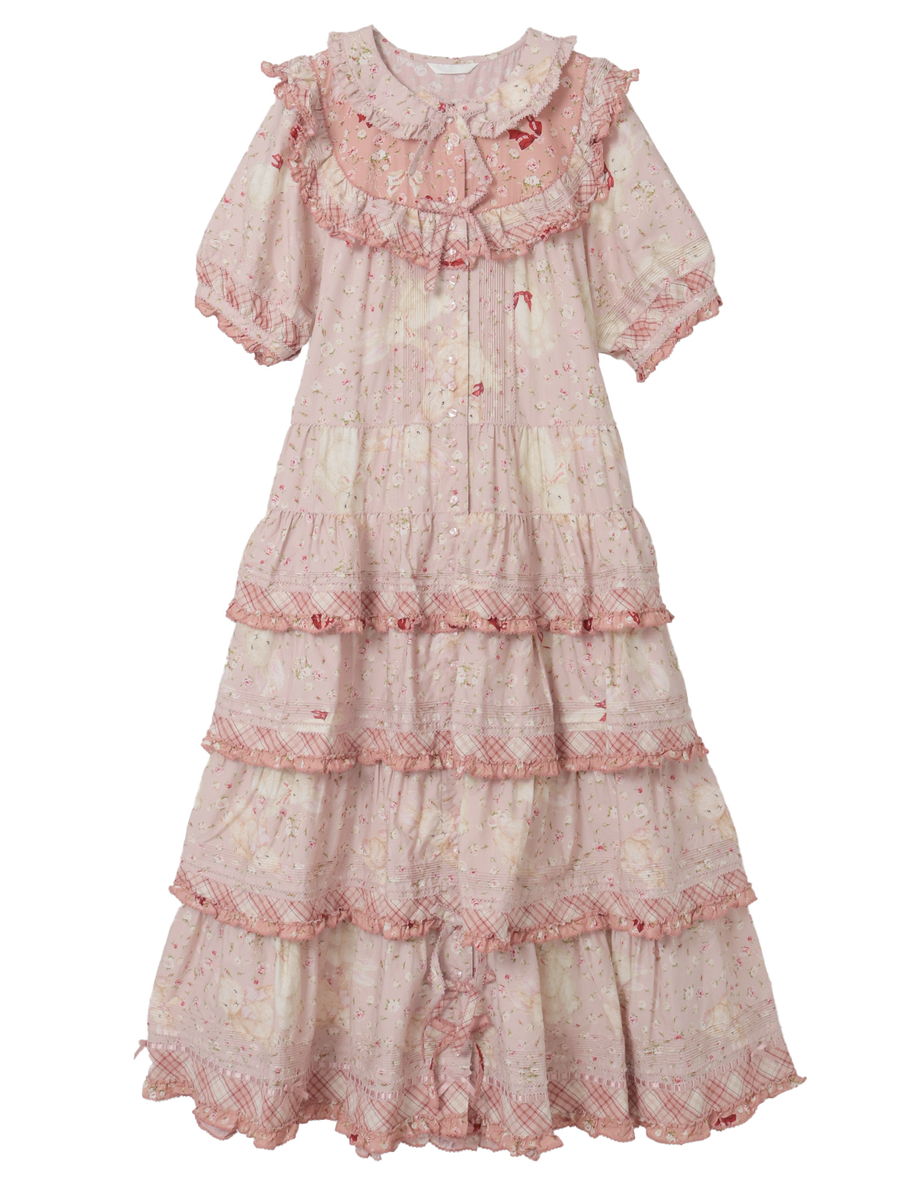 バラ園うさぎプリントパッチワークワンピース 詳細画像 アカ 1