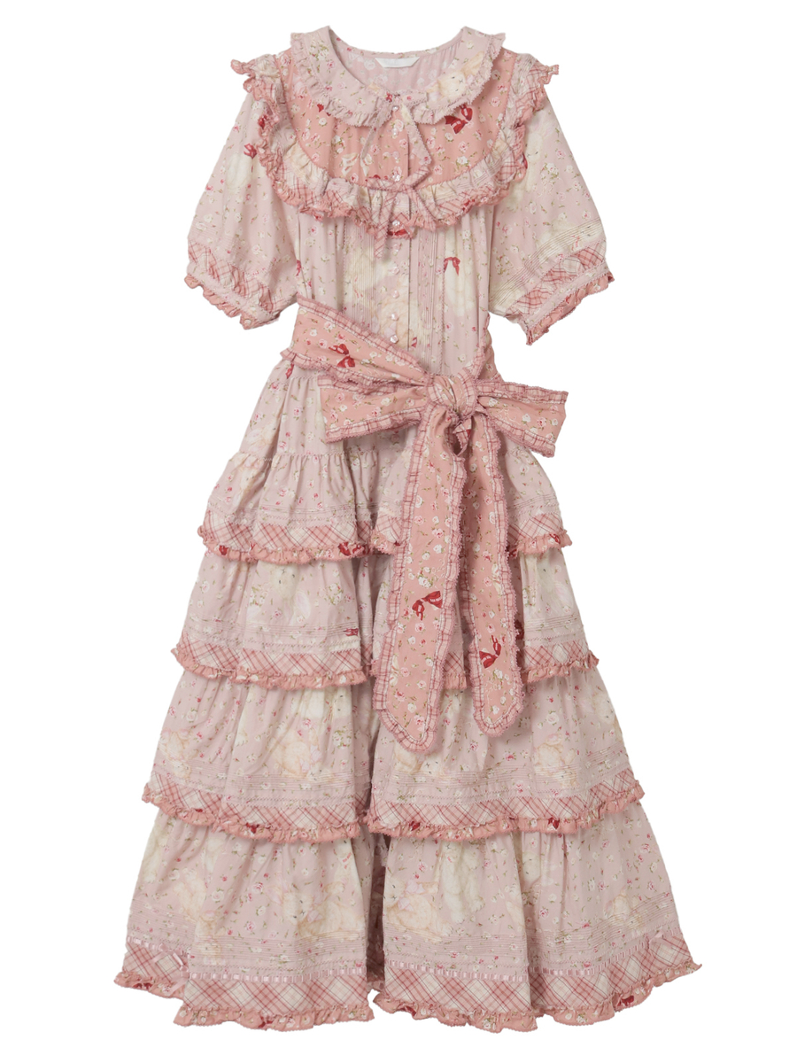 バラ園うさぎプリントパッチワークワンピース 詳細画像 アカ 2