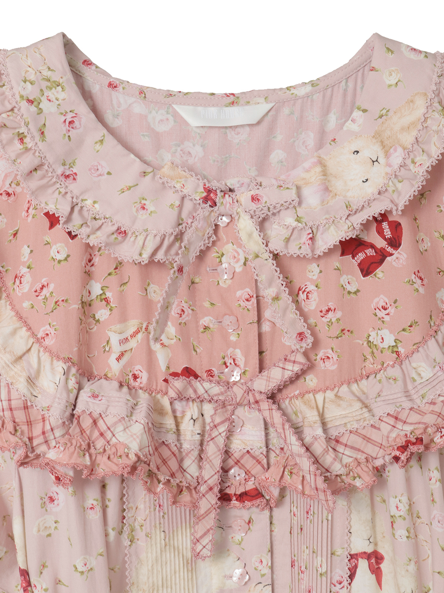 バラ園うさぎプリントパッチワークワンピース 詳細画像 アカ 3