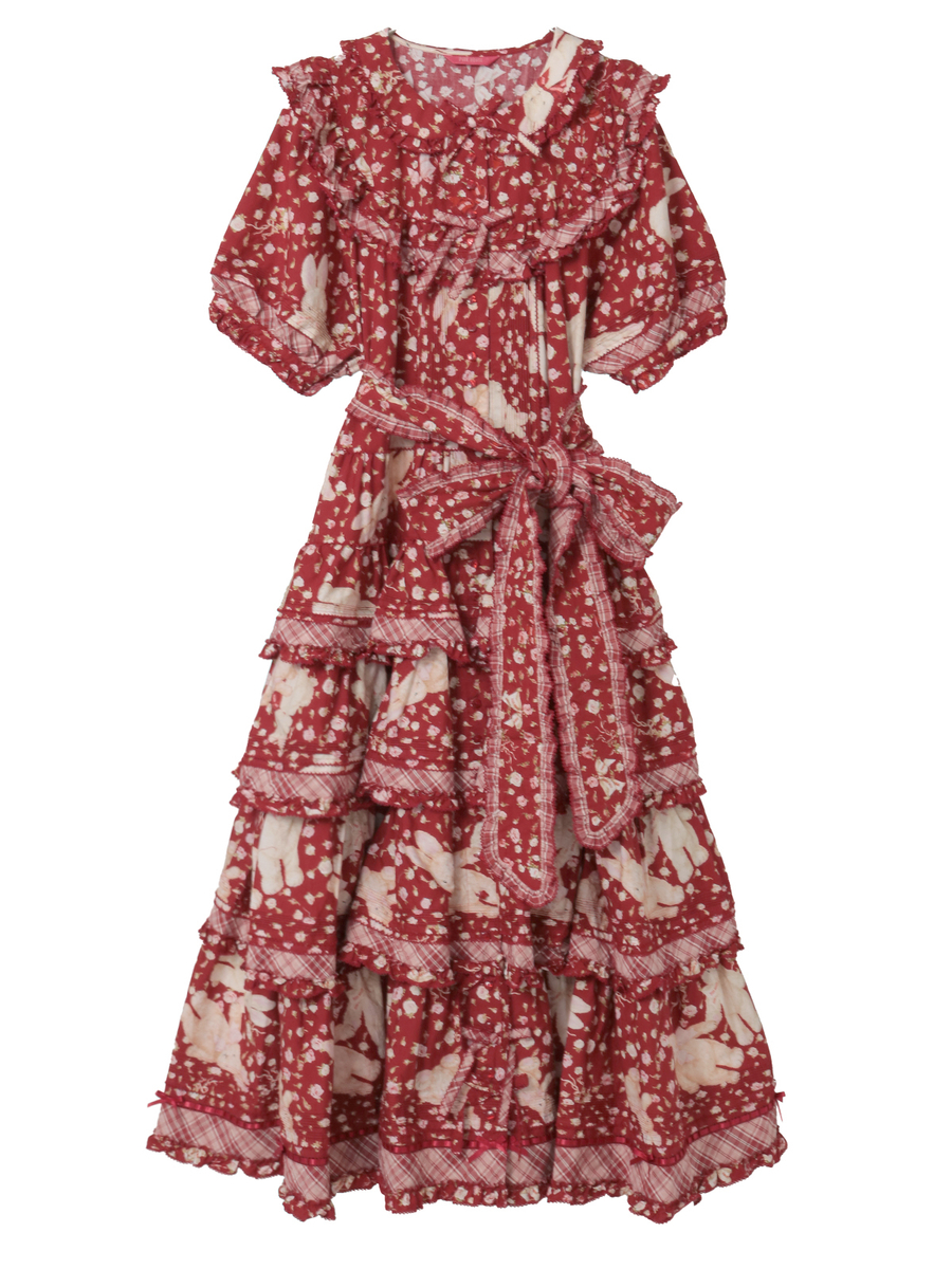 バラ園うさぎプリントパッチワークワンピース 詳細画像 アカ 1