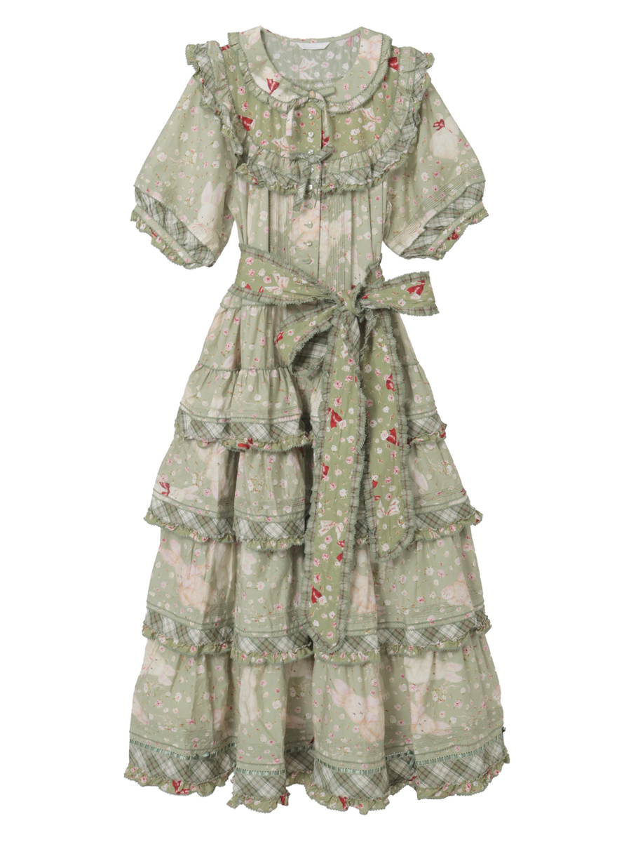 バラ園うさぎプリントパッチワークワンピース 詳細画像 ハッカ 1