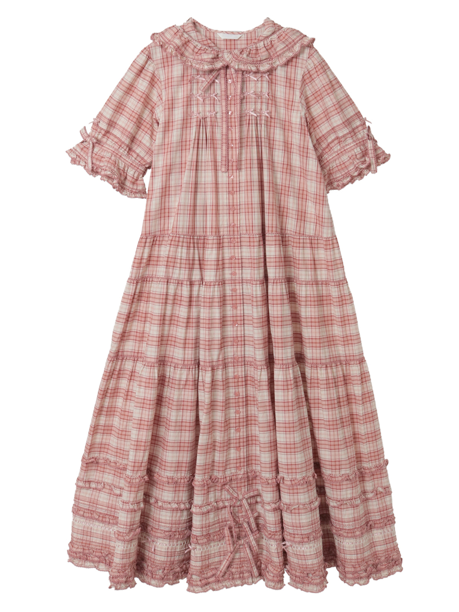 うさぎの耳フード付きオリジナルチェックワンピース｜ピンク