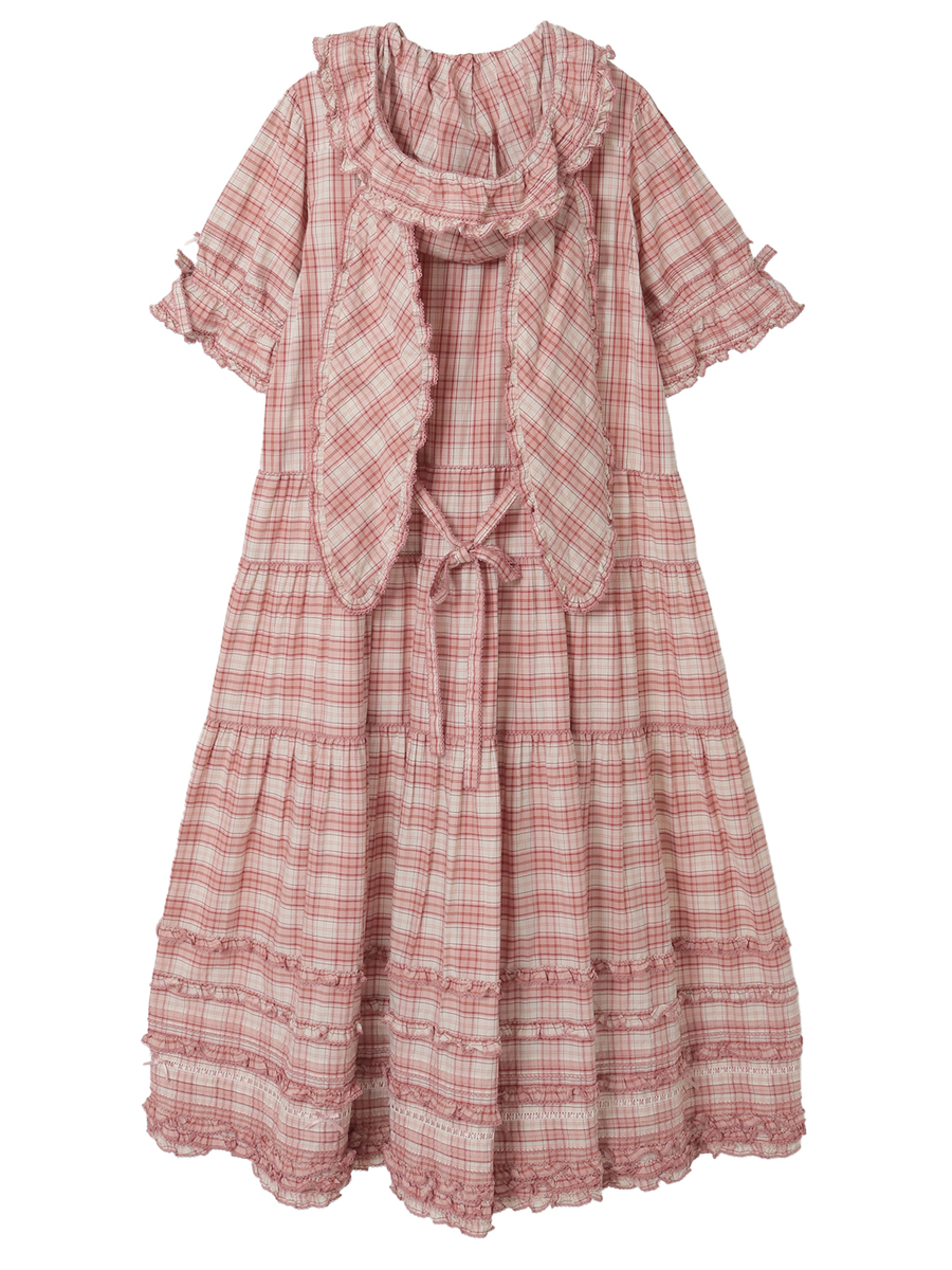 うさぎの耳フード付きオリジナルチェックワンピース｜ピンク