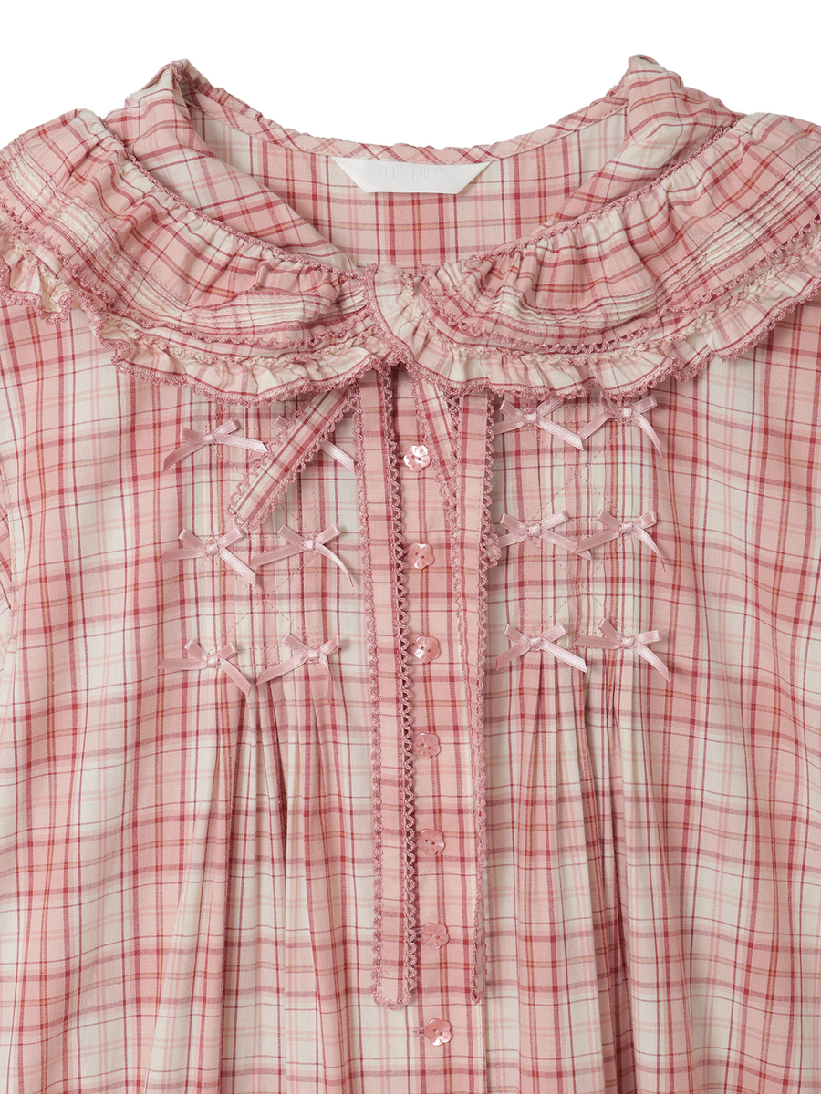 うさぎの耳フード付きオリジナルチェックワンピース｜ピンク