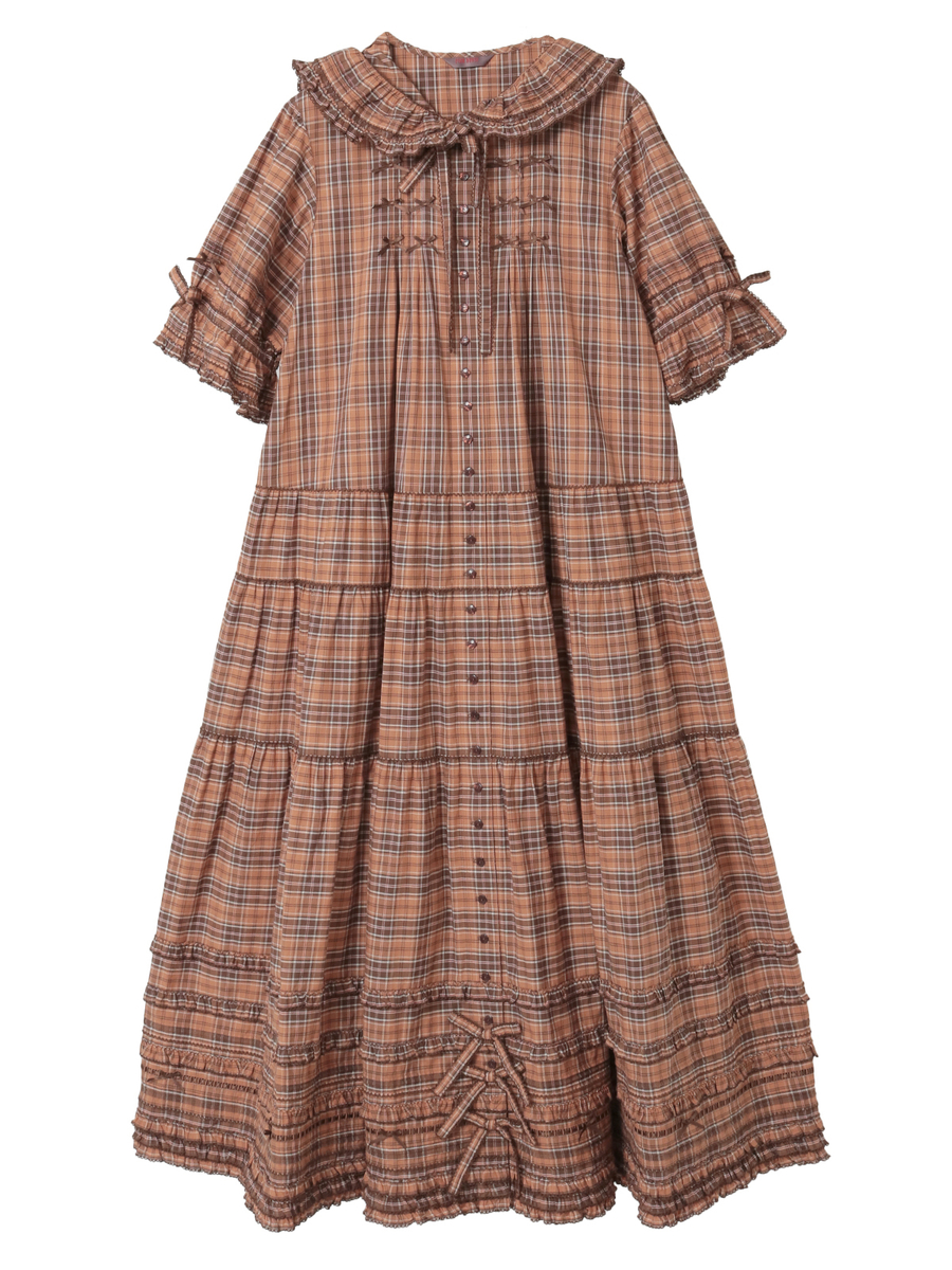 うさぎの耳フード付きオリジナルチェックワンピース｜ピンク