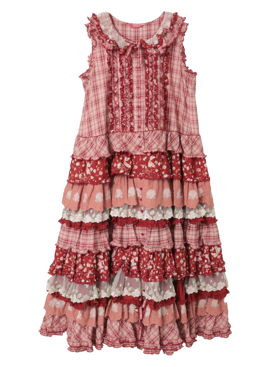 ローズレース使いミックスパッチワークワンピース 詳細画像 アカ系 1