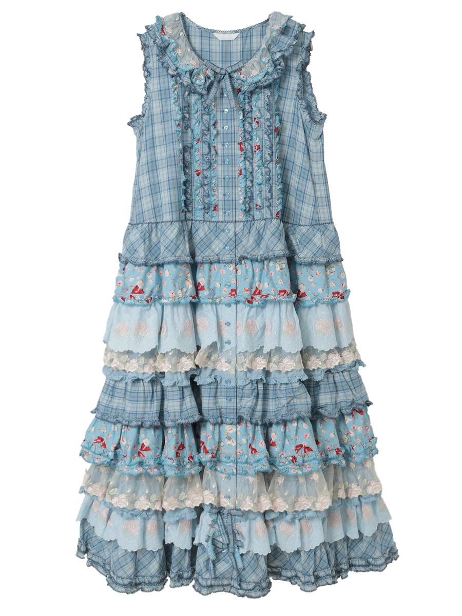 ローズレース使いミックスパッチワークワンピース 詳細画像 ブルー系 1