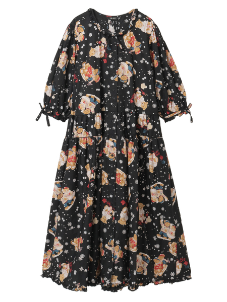 三つ子のくまの冬支度プリントワンピース