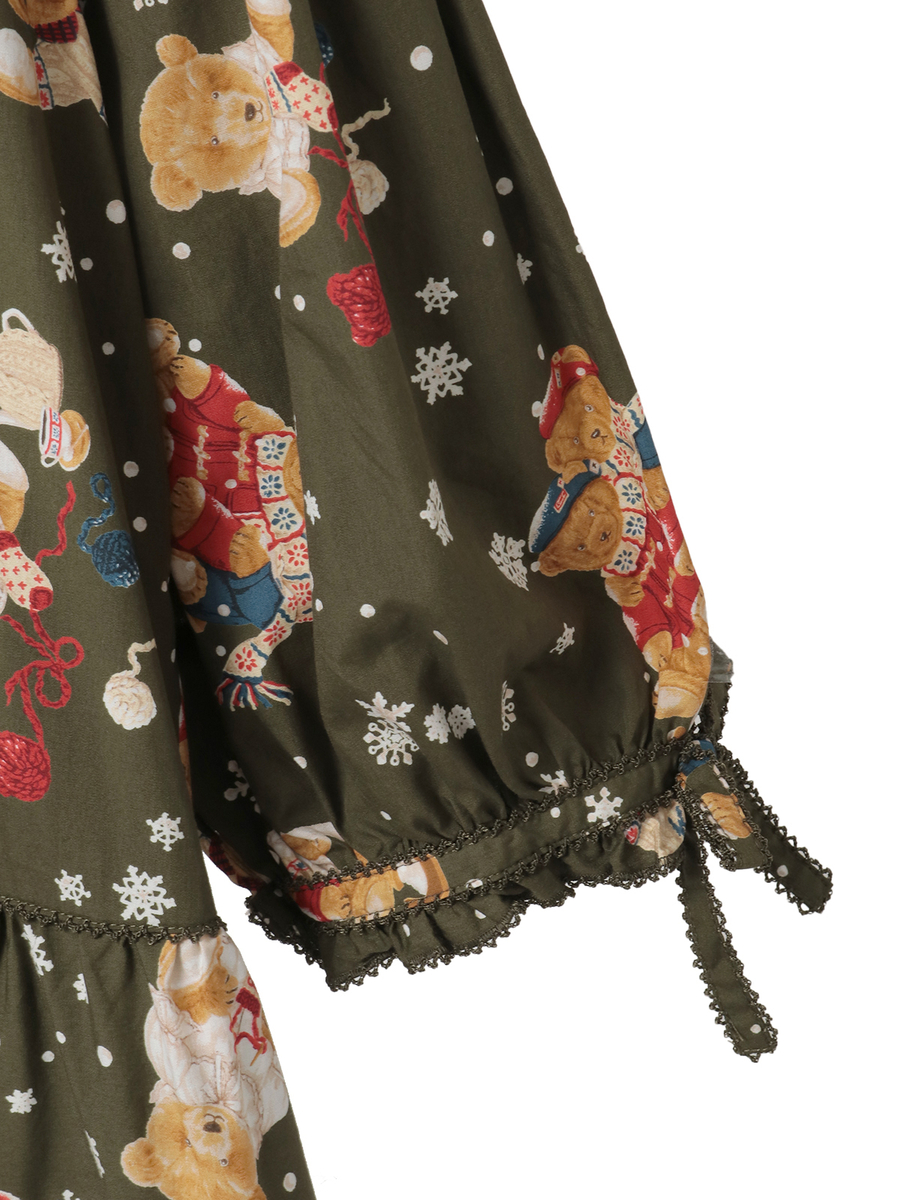 三つ子のくまの冬支度プリントワンピース 詳細画像 クロ 4