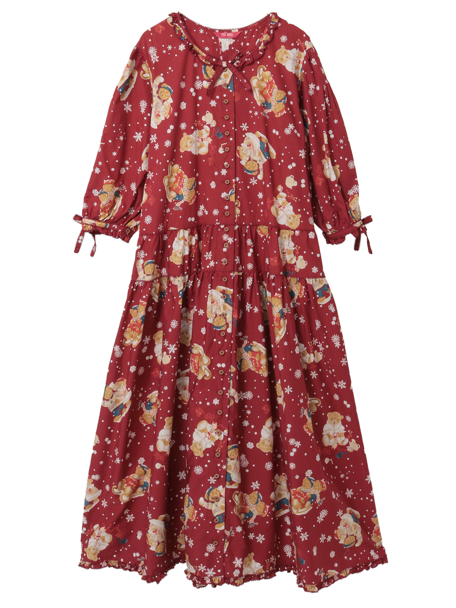 三つ子のくまの冬支度プリントワンピース 詳細画像 アカ 1