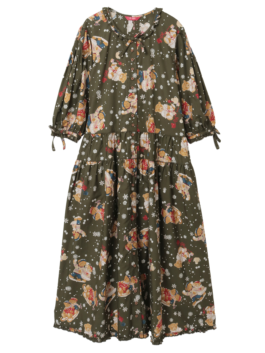 三つ子のくまの冬支度プリントワンピース 詳細画像 カーキ 1