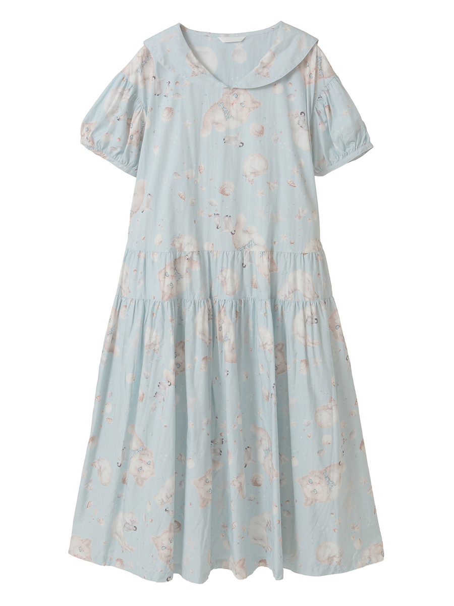 さざ波とねこプリントミディワンピース 詳細画像 ミズイロ 1