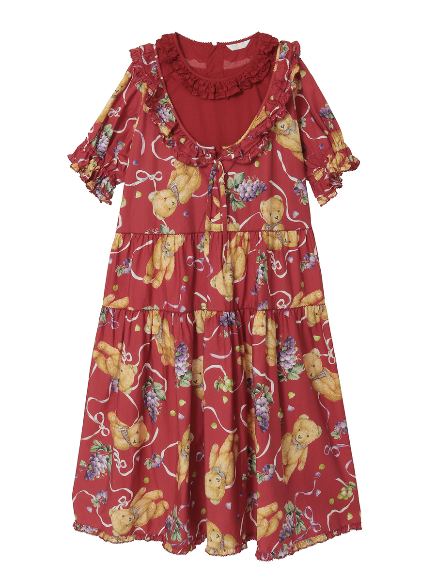 くま葡萄プリントミディワンピース 詳細画像 ブルー 1