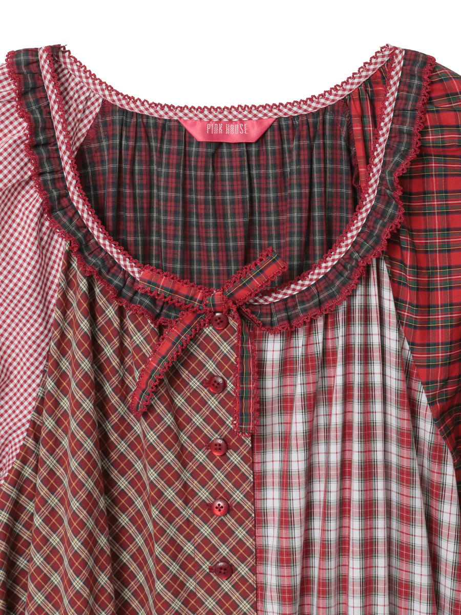 タータンチェックパッチワークワンピース 詳細画像 アカ系 3