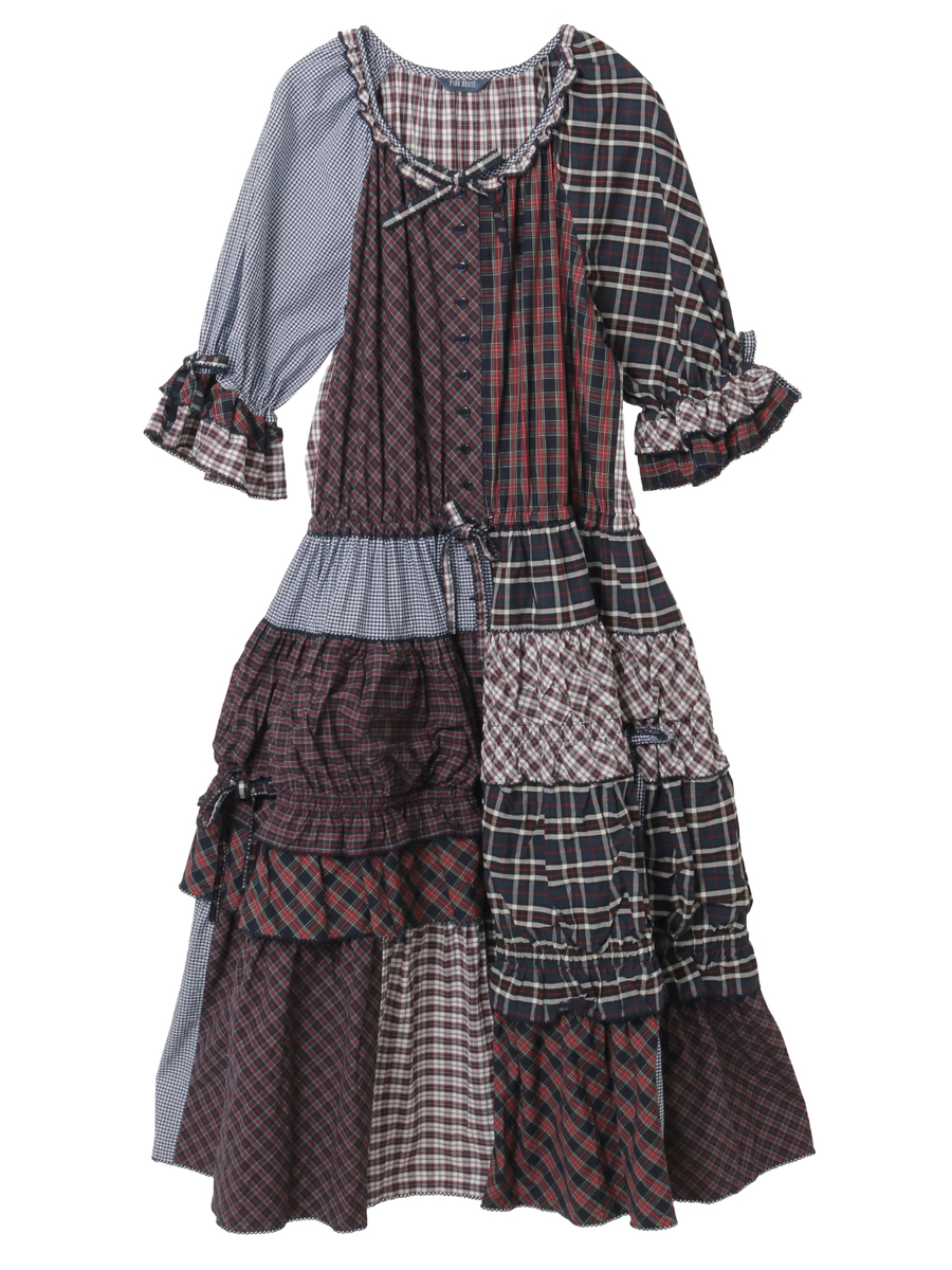 タータンチェックパッチワークワンピース 詳細画像 コン系 1