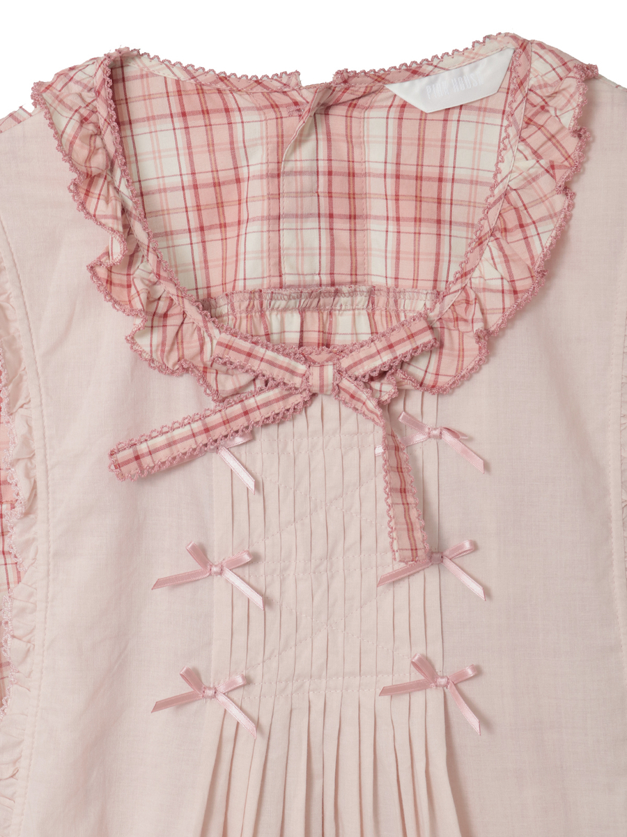 うさぎ刺繍エプロン付きオリジナルチェックチュニックブラウス