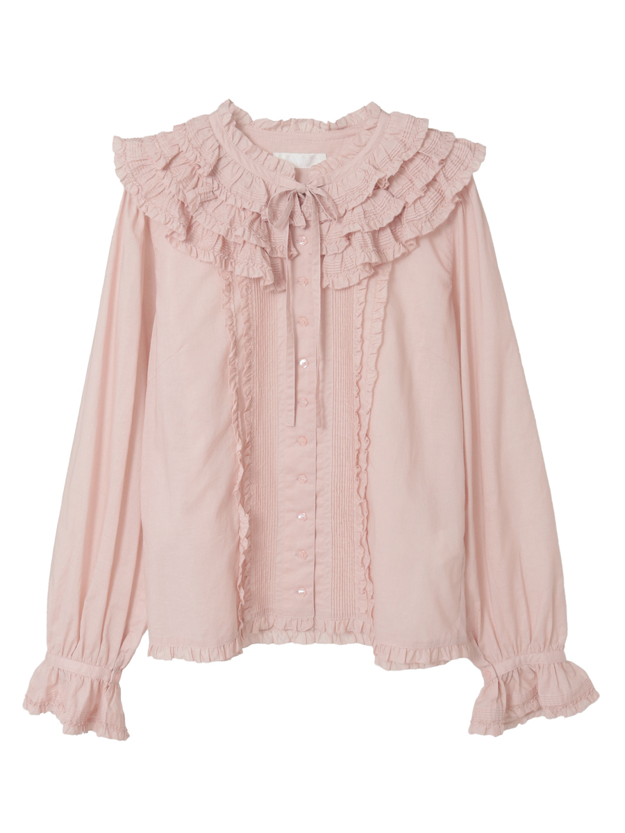 カネコイサオピンクハウスピンタックピンタックフリル付き長袖シャツブラウスブラウン カネコイサオピンクハウスピンタックピンタックフリル付き長袖