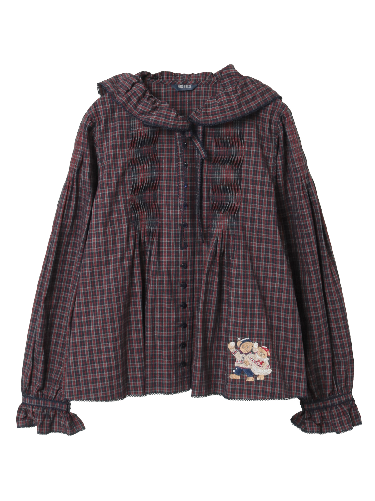 ピンクハウス　ヴィンテージ　長袖　オーバー　ブラウス　フード　クマ　くま　リボン 三つ子のくまの冬支度刺繍使いフードブラウス｜ピンクハウス