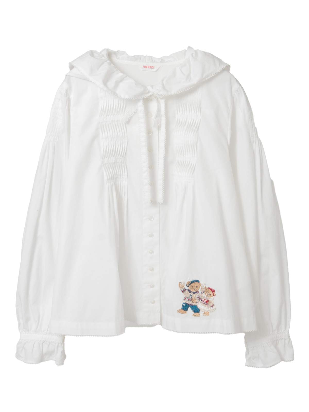 ピンクハウス　ヴィンテージ　長袖　オーバー　ブラウス　フード　クマ　くま　リボン 三つ子のくまの冬支度刺繍使いフードブラウス｜ピンクハウス