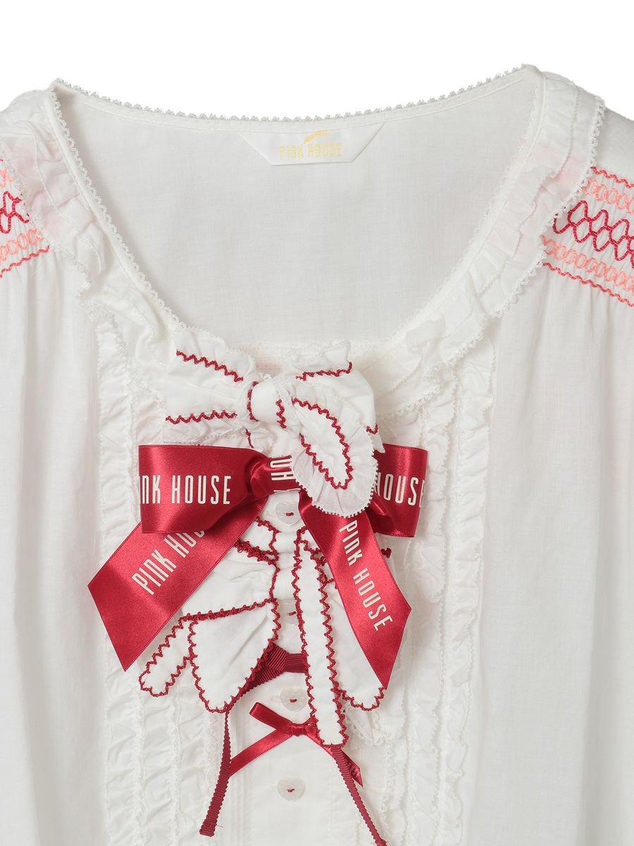 スモック刺繍ブラウス 詳細画像 シロ×ピンク 3
