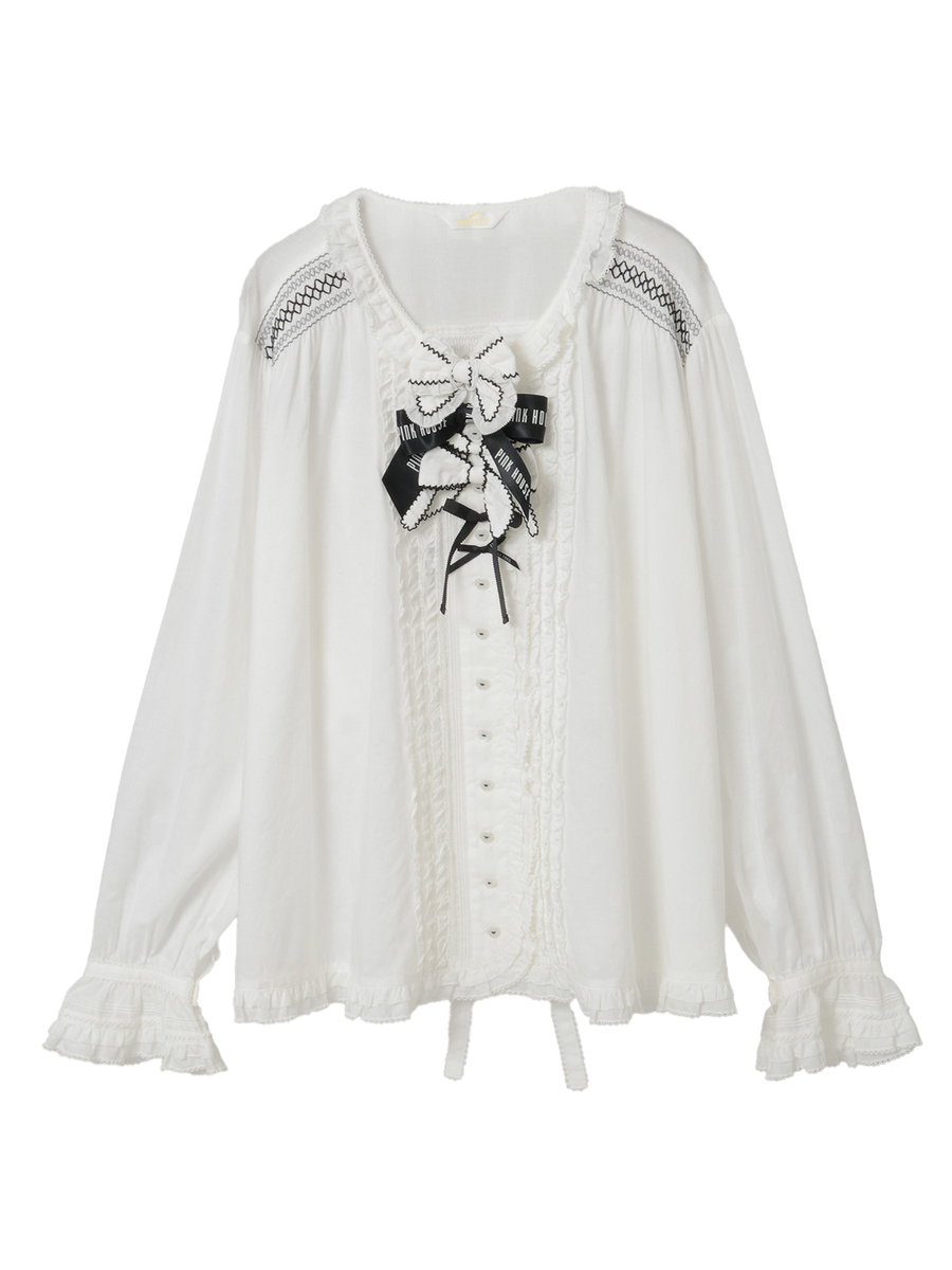 スモック刺繍ブラウス 詳細画像 シロ×クロ 1