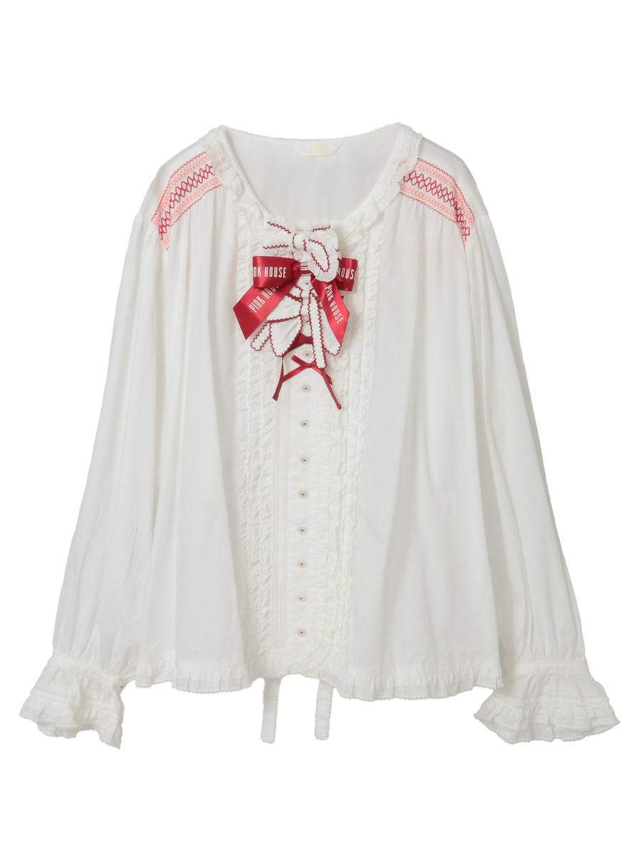 スモック刺繍ブラウス 詳細画像 シロ×アカ 1