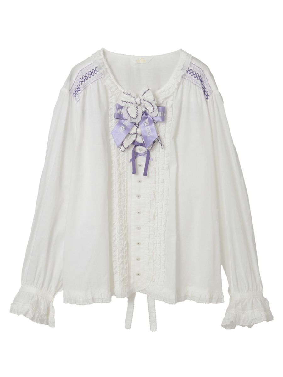 スモック刺繍ブラウス 詳細画像 シロ×パープル 1