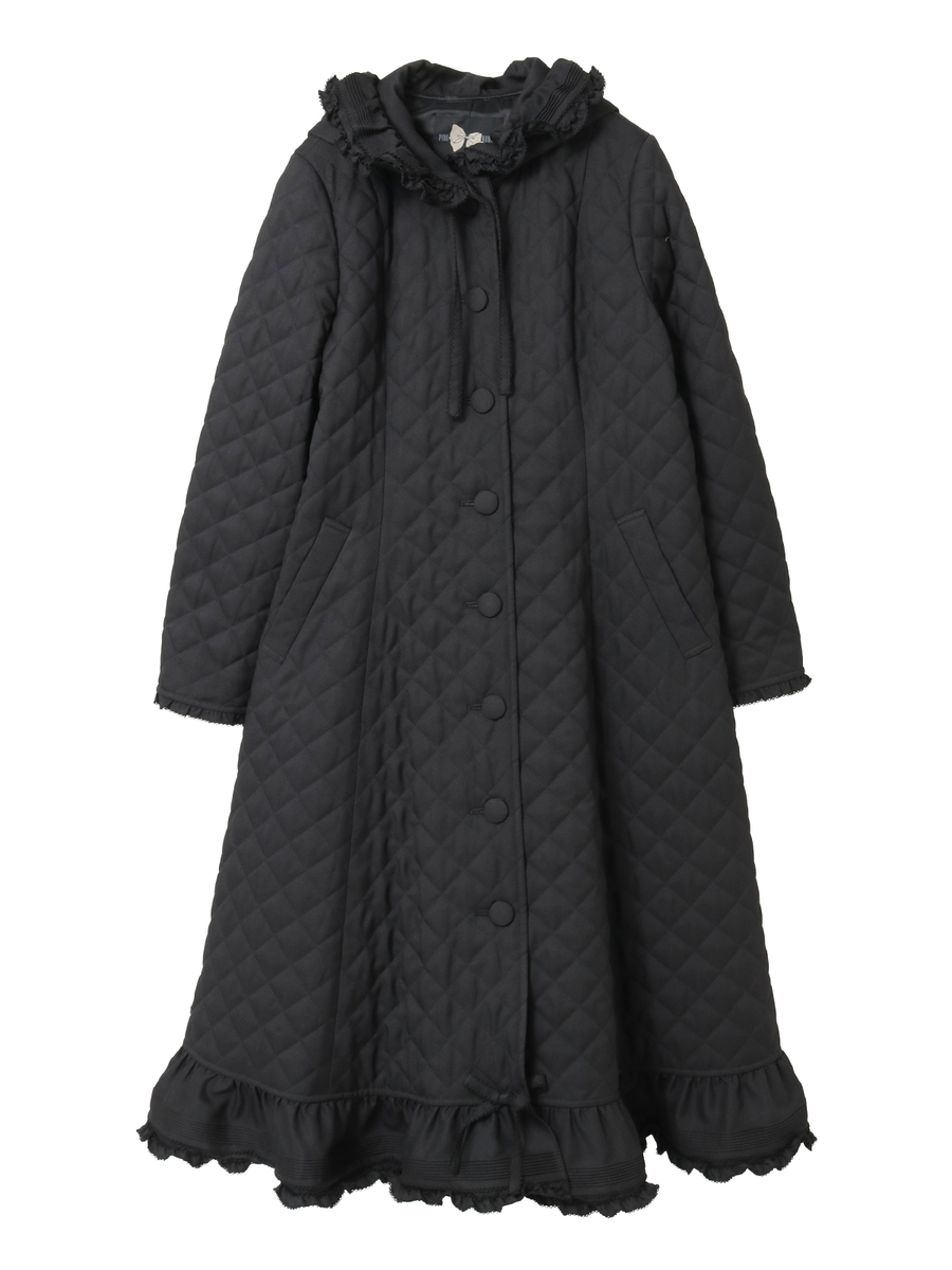 フリルフード付きキルティングロングコート 詳細画像 クロ 1
