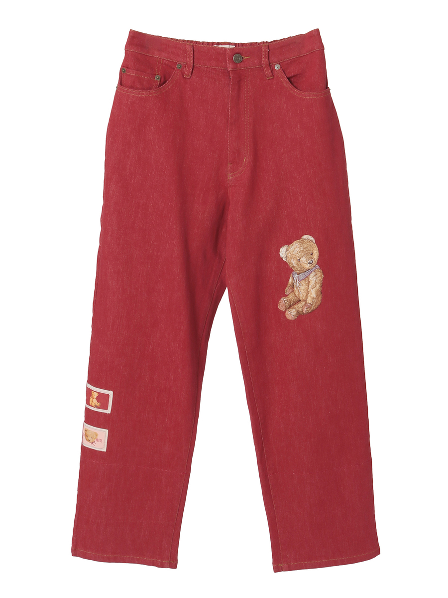 テディベア刺繍デニムパンツ 詳細画像 アカ 1
