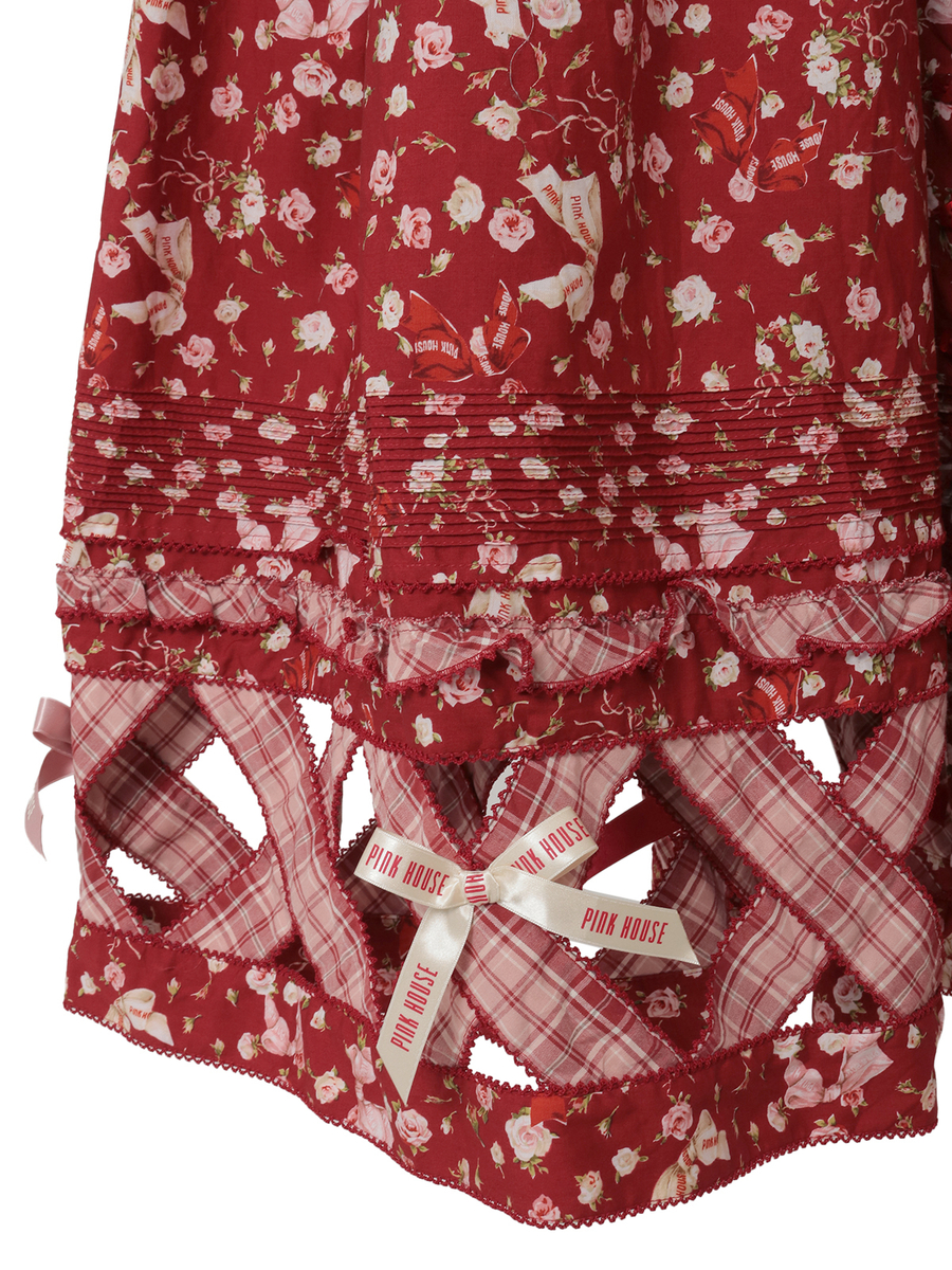 バラとリボンプリントパッチワーク吊りスカート 詳細画像 ハッカ 5