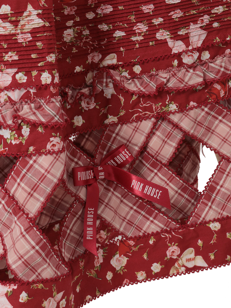 バラとリボンプリントパッチワーク吊りスカート 詳細画像 ハッカ 6