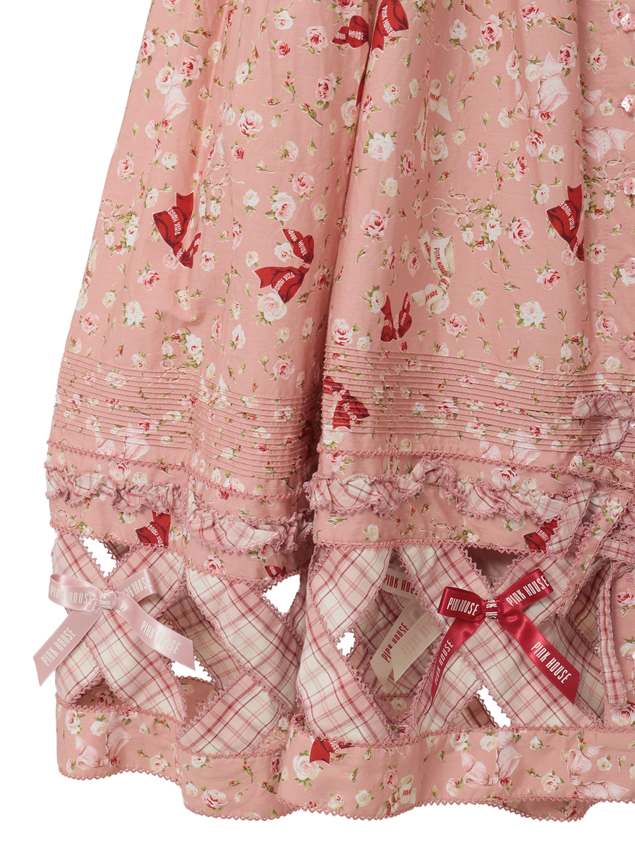 バラとリボンプリントパッチワーク吊りスカート 詳細画像 ハッカ 7