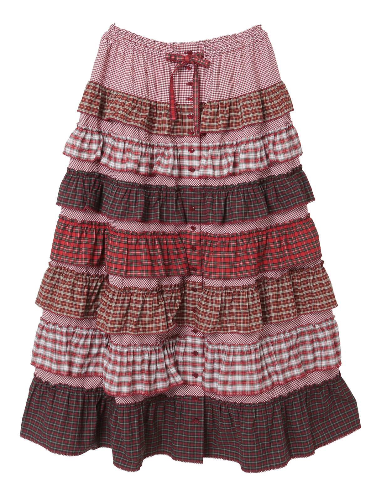 公*o様 ピンクハウス スカート ピコフリル 丸いワッペン チェック リボン タータンチェックパッチワークフリルスカート｜ピンクハウス