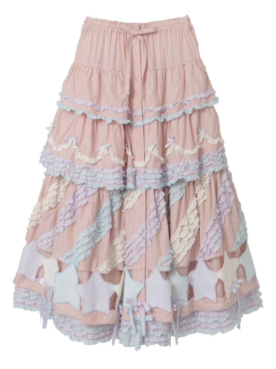 星形ワッペン付き配色フリルスカート 詳細画像 ピンク 1